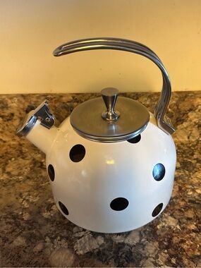 kate spade White and Black Polka Dot Stovetop Kettle with Stainless Accents